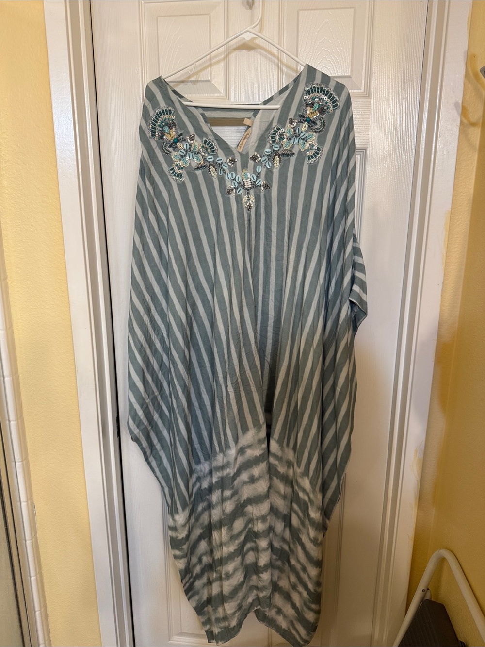 Soft Surroundings Striped Sage Green & White Embellished Maxi Caftan